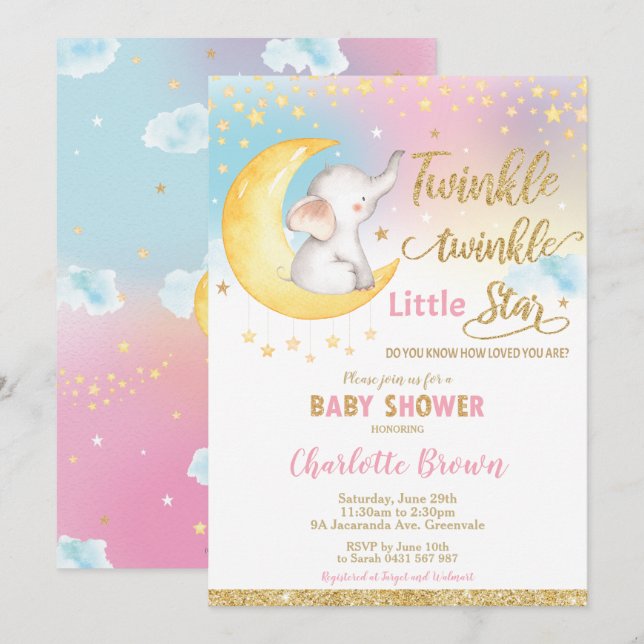 Twinkle Little Star Elephant Baby Shower Girl Inbjudningar (Fram/baksida)