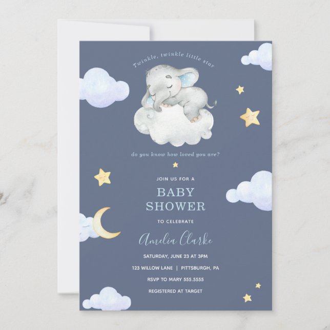 Twinkle Little Star Elephant Baby Shower Inbjudningar (Framsida)