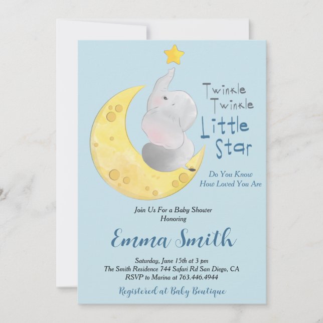 Twinkle Little Star Elephant Baby Shower Inbjudningar (Framsida)