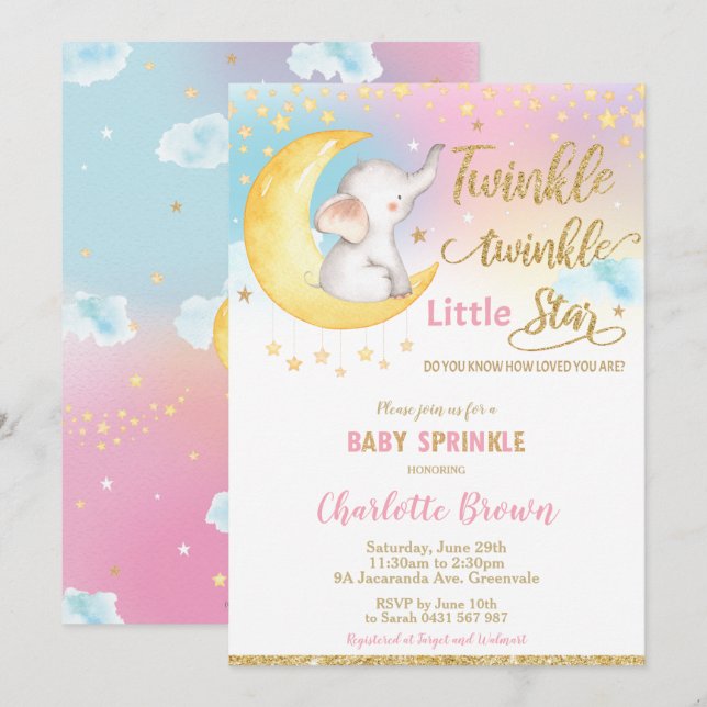 Twinkle Little Star Elephant Baby Sprinkle Girl Inbjudningar (Fram/baksida)