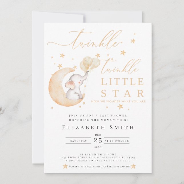 Twinkle Little Star Elephant Neutralt Baby Shower Inbjudningar (Framsida)