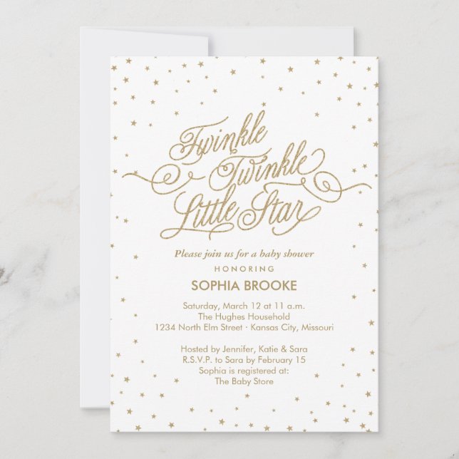 Twinkle Little Star Finare Guld & White Baby Showe Inbjudningar (Framsida)