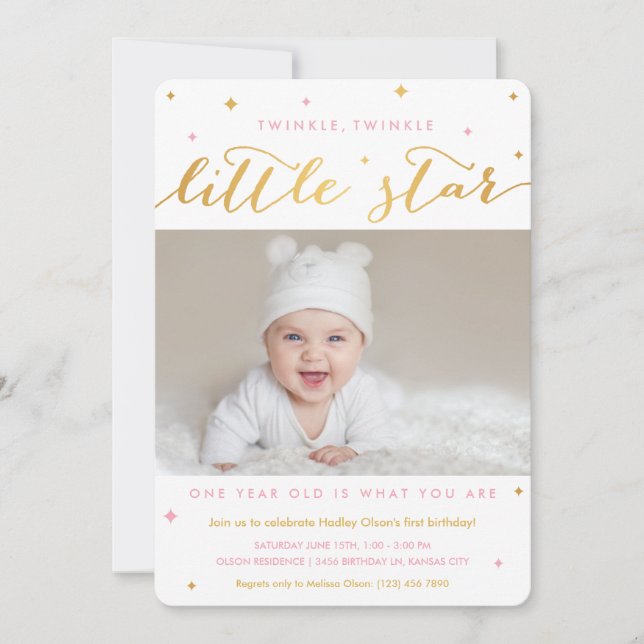 Twinkle Little Star First Birthday-inbjudan Girl Inbjudningar (Framsida)