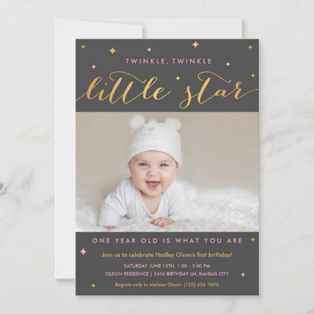 Twinkle Little Star First Birthday-inbjudan Girl Inbjudningar (Framsida)