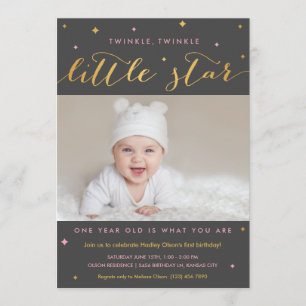Twinkle Little Star First Birthday-inbjudan Girl Inbjudningar