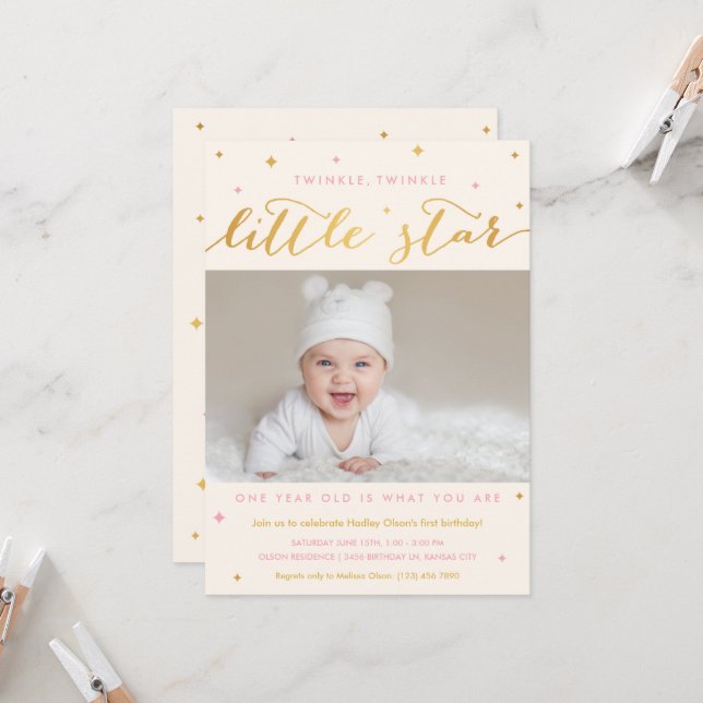 Twinkle Little Star First Birthday-inbjudan Girl Inbjudningar (Fram/Back In Situ)