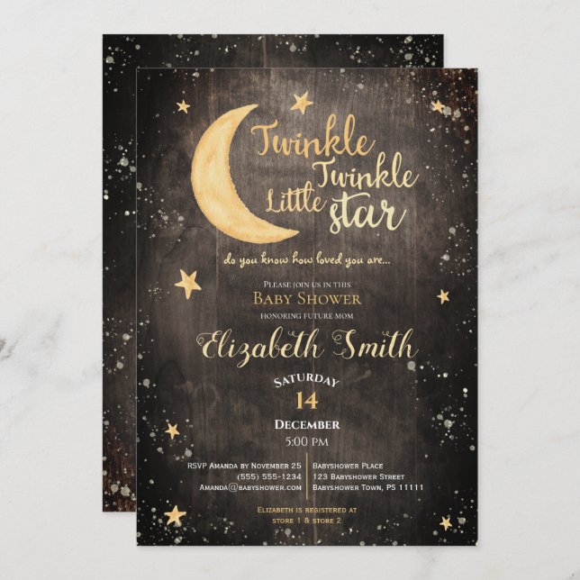 Twinkle little star gender neutral babyshower inbjudningar (Fram/baksida)
