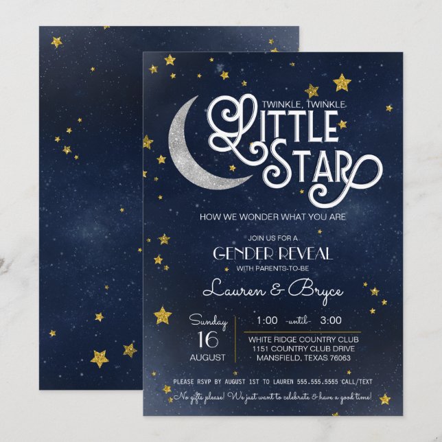 Twinkle Little Star Gender Reveal Party Inbjudningar (Fram/baksida)