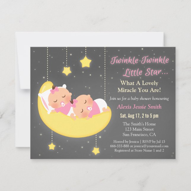 Twinkle Little Star Girl Twillingars Baby Shower A Inbjudningar (Framsida)