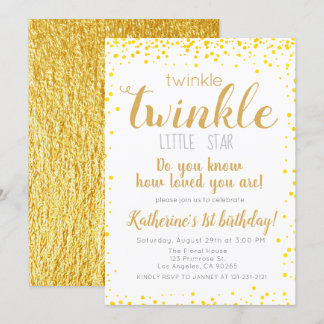 Twinkle Little Star Girls Guld Glitter födelsedag Inbjudningar