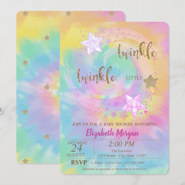 Twinkle Little Star Glitter Tie Dye Bebisbadkar Inbjudningar (Fram/baksida)