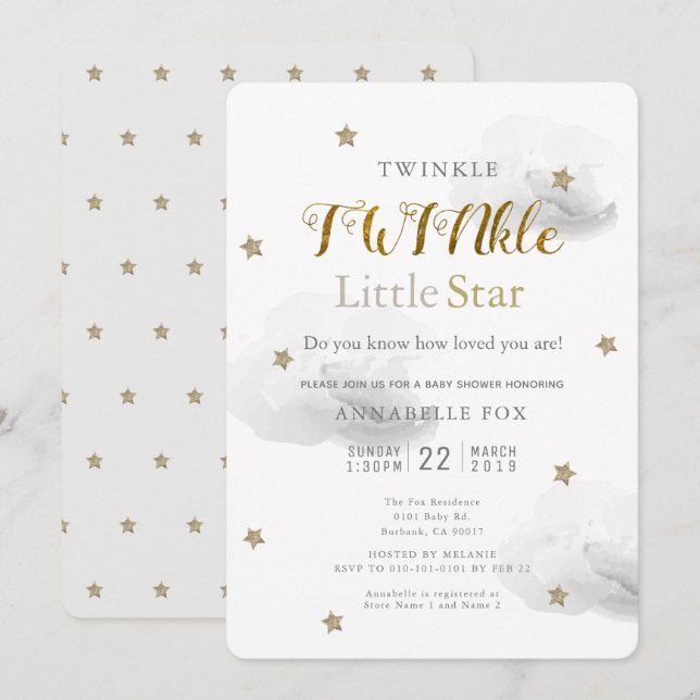 Twinkle Little Star & Grått Cloud Twin Baby Shower Inbjudningar (Fram/baksida)