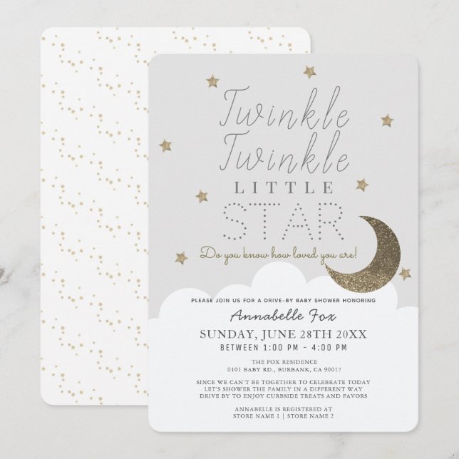 Twinkle Little Star Grått Drive by Baby Shower Inbjudningar (Fram/baksida)
