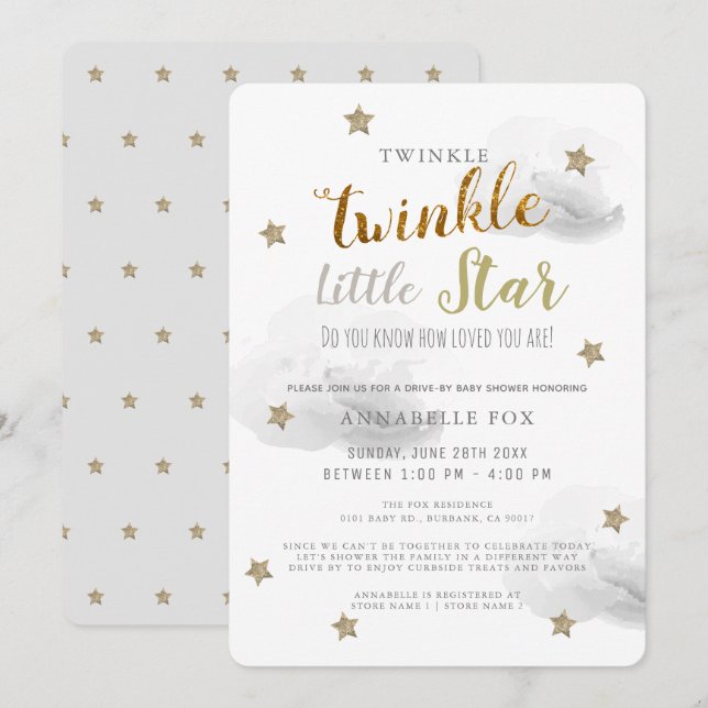 Twinkle Little Star Grått Drive by Baby Shower Inbjudningar (Fram/baksida)