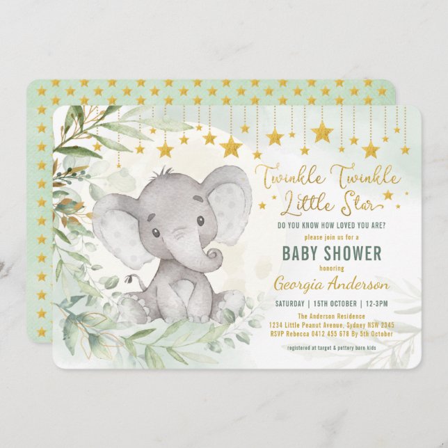 Twinkle Little Star Greenery Elephant Baby Shower Inbjudningar (Fram/baksida)