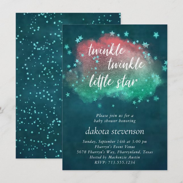 Twinkle Little Star | Grönt av färgtavelfärgad Mör Inbjudningar (Fram/baksida)