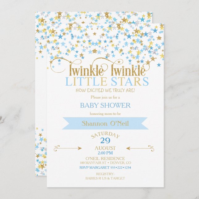 Twinkle Little Star Guld & Baby blue Boy Twillinga Inbjudningar (Fram/baksida)