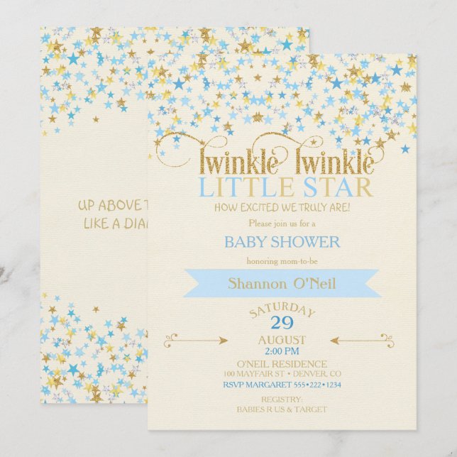 Twinkle Little Star Guld & Baby Blue Guld Inbjudningar (Fram/baksida)