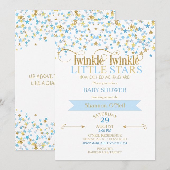 Twinkle Little Star Guld & Baby Blue Pojkar Tvilli Inbjudningar (Fram/baksida)