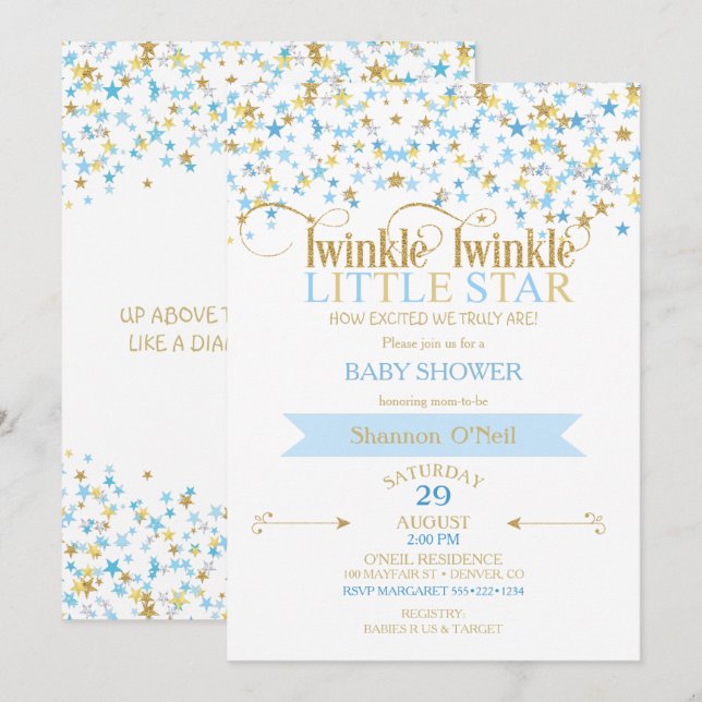 Twinkle Little Star Guld & Babyblå Inbjudningar (Fram/baksida)