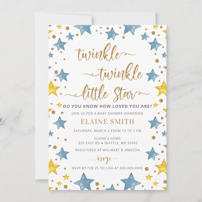 Twinkle Little Star Guld Blue Boy Shower Inbjudningar (Framsida)