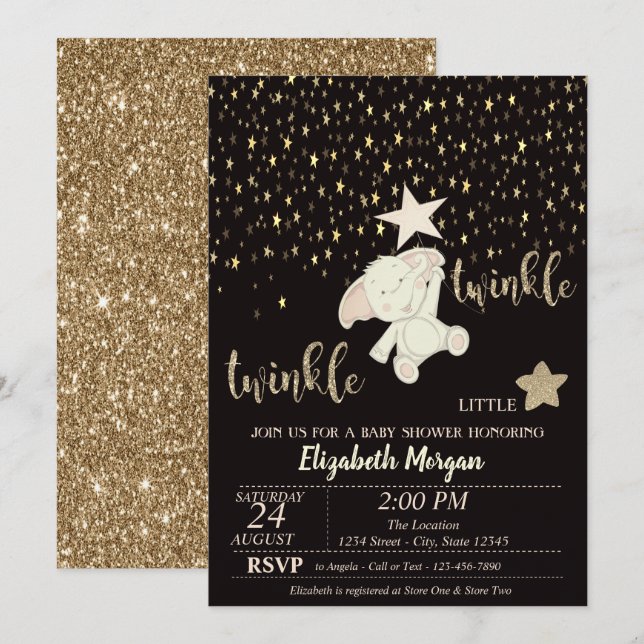 Twinkle Little Star Guld Glitter, Bear Baby Shower Inbjudningar (Fram/baksida)