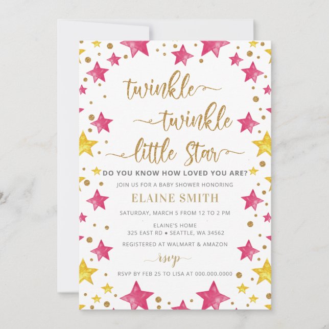 Twinkle Little Star Guld Rosa Girl Baby Shower Inbjudningar (Framsida)