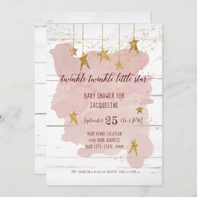 Twinkle Little Star Guld Wood Girl Baby Shower Inbjudningar (Fram/baksida)