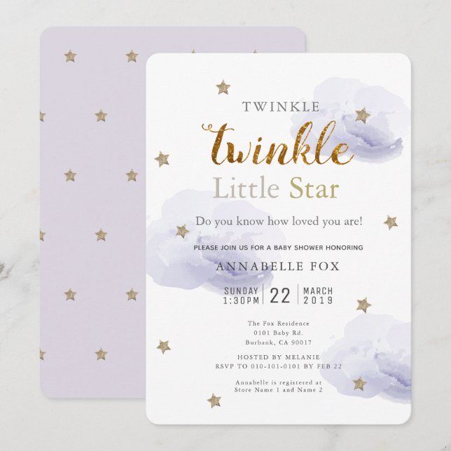 Twinkle Little Star Lavender Baby Shower Inbjudningar (Fram/baksida)