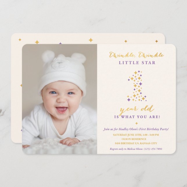 Twinkle Little Star Lavender & Guld första födelse Inbjudningar (Fram/baksida)