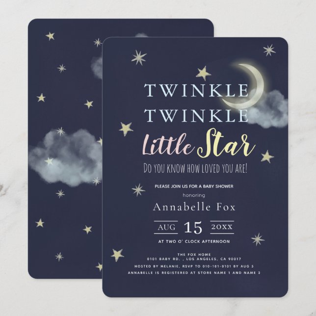 Twinkle Little Star Midnight Blue Shower Inbjudningar (Fram/baksida)