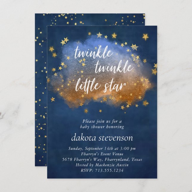 Twinkle Little Star | Neutralt Blue Copper and Gul Inbjudningar (Fram/baksida)