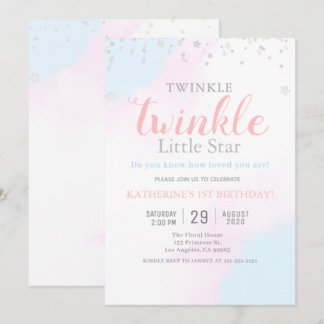 Twinkle Little Star Neutralt Girl & Boy Birthday Inbjudningar (Fram/baksida)