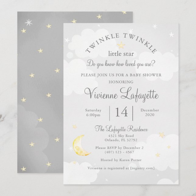 Twinkle Little Star och Måne Grått Baby Shower Inbjudningar (Fram/baksida)