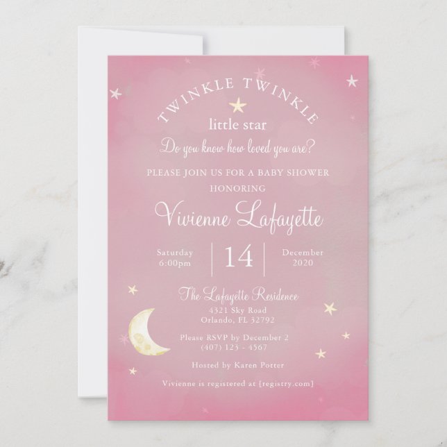 Twinkle Little Star och Måne Rosa Baby Shower Inbjudningar (Framsida)