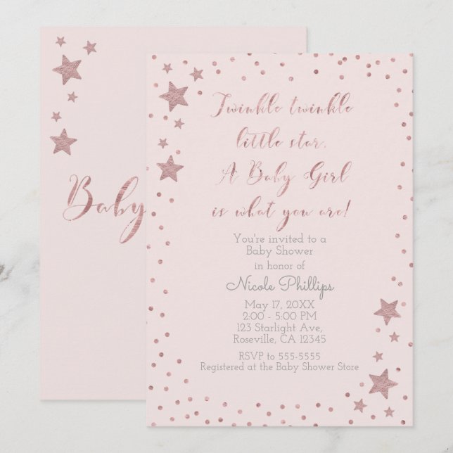 Twinkle Little Star Ro Guld Girl Baby Shower Inbjudningar (Fram/baksida)