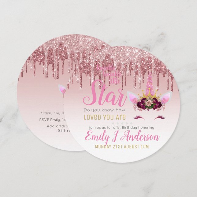 Twinkle Little Star Ro Guld Rosa Unicorn Glitter Inbjudningar (Fram/baksida)
