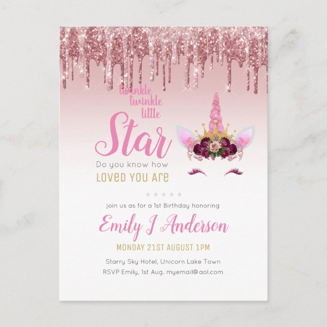 Twinkle Little Star Ro Guld Rosa Unicorn Glitter Vykort (Framsida)