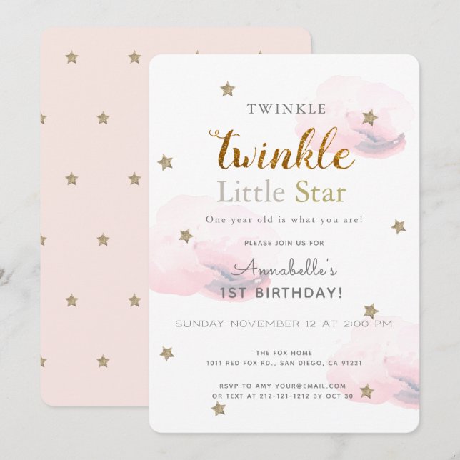 Twinkle Little Star Rosa 1:a födelsedagsinbjudan Inbjudningar (Fram/baksida)