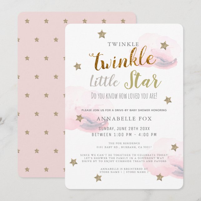 Twinkle Little Star Rosa Girl Girl Drive by Baby S Inbjudningar (Fram/baksida)