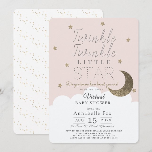 Twinkle Little Star Rosa Girl Girl Virtuell Baby S Inbjudningar (Fram/baksida)