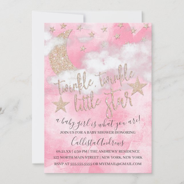 Twinkle Little Star Rosa Glitter Girl Baby Shower Inbjudningar (Framsida)