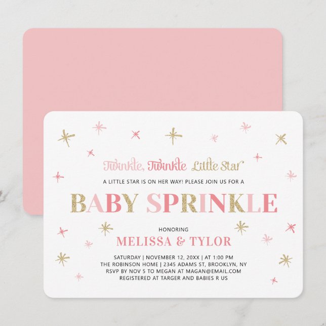 Twinkle Little Star Rosa & Guld Baby Sprinkle Inbjudningar (Fram/baksida)