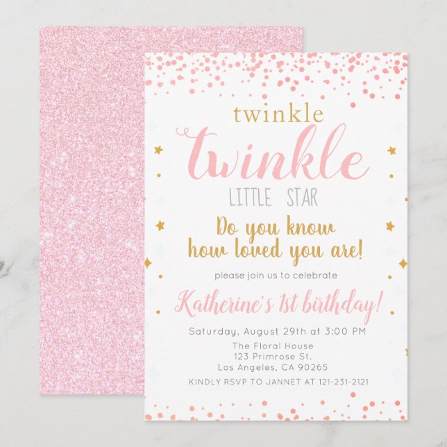 Twinkle Little Star Rosa & Guld Girls 1st Birthday Inbjudningar (Fram/baksida)