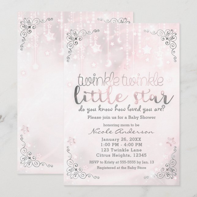 Twinkle Little Star Rosa & Silver Baby Shower Inbjudningar (Fram/baksida)