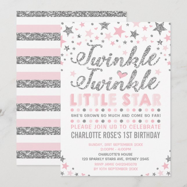 Twinkle Little Star Rosa Silver Birthday Inbjudan (Fram/baksida)