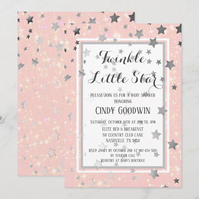 Twinkle Little Star Rosa Silver Stars Baby Shower Inbjudningar (Fram/baksida)