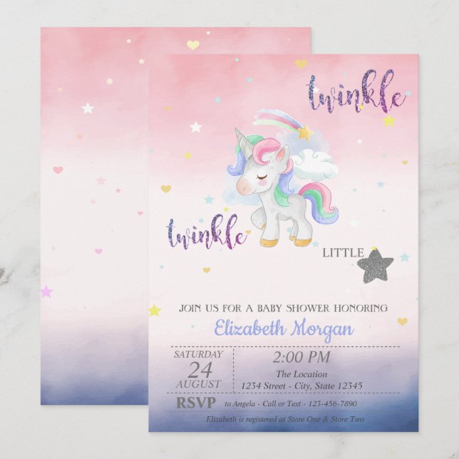 Twinkle Little Star Unicorn Baby Shower Inbjudningar (Fram/baksida)