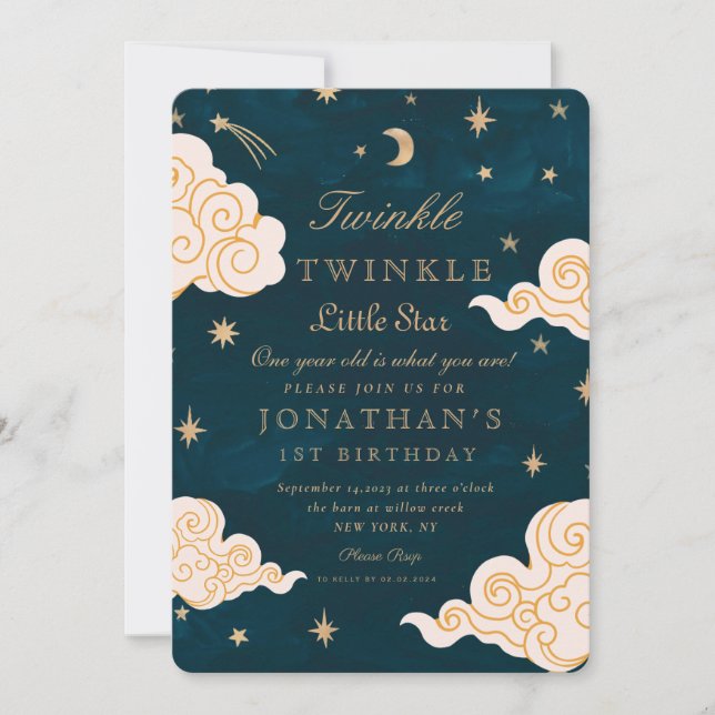 Twinkle Little Stars Cute Måne 1:a födelsedagen Inbjudningar (Framsida)