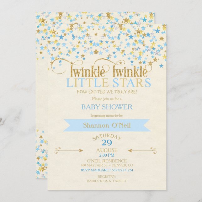 Twinkle Little Stars Tvillingpojkar Guld Blå Inbjudningar (Fram/baksida)